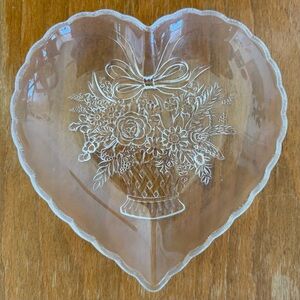 Heart Shaped Glass Platter. Lightly Frosted. Features Floral Basket Design. 7”